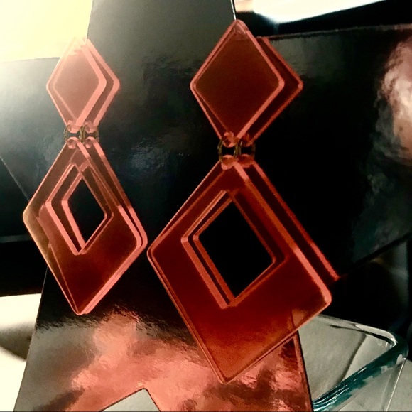 Neon Orange Large Acrylic Geometric Dangle Earrings - Picture 3 of 8